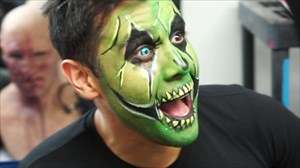 Ruben Galvan from Channel 2 News KPRC dropped by Houston Terror Dome Haunted House to get his face painted.  To complete his transformation he put in some blue color contacts.  This was the first time ever that Ruben had tried contacts.